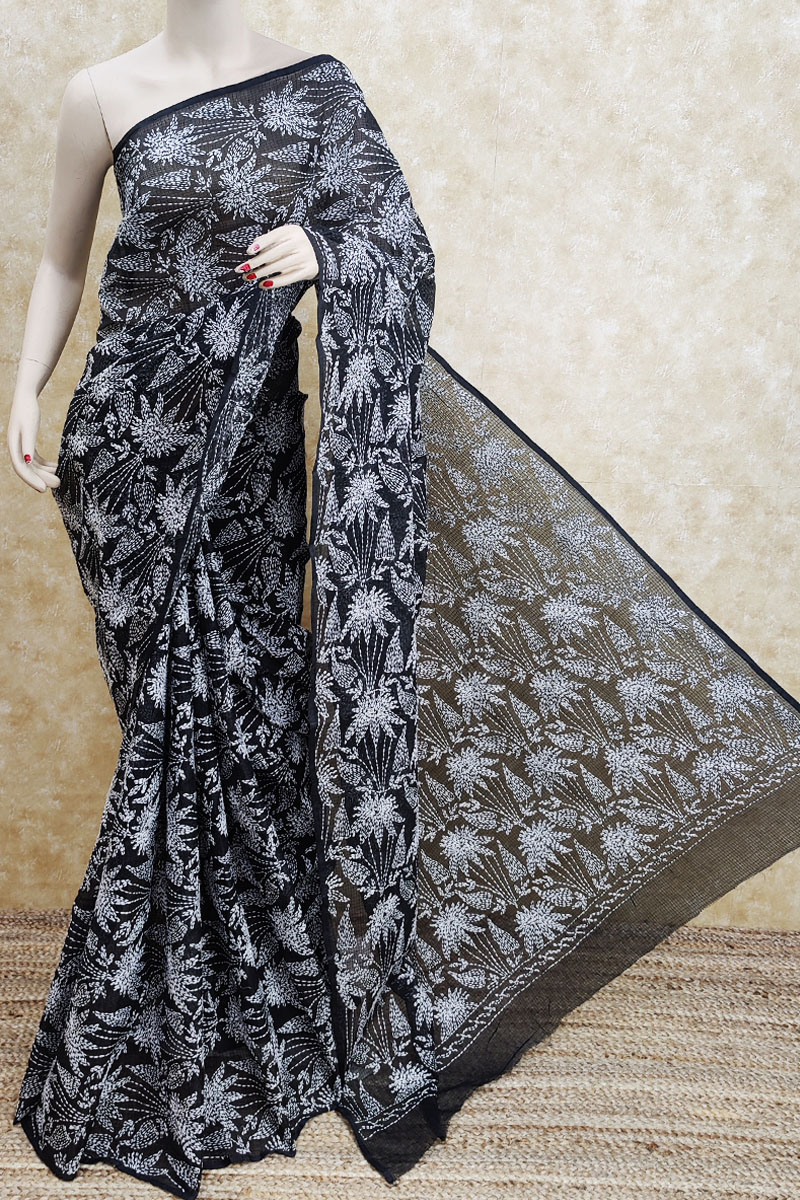 Black Color Kota Cotton Tepchi Work Hand Embroidered Lucknowi Chikankari Saree (with Blouse) Mc251714